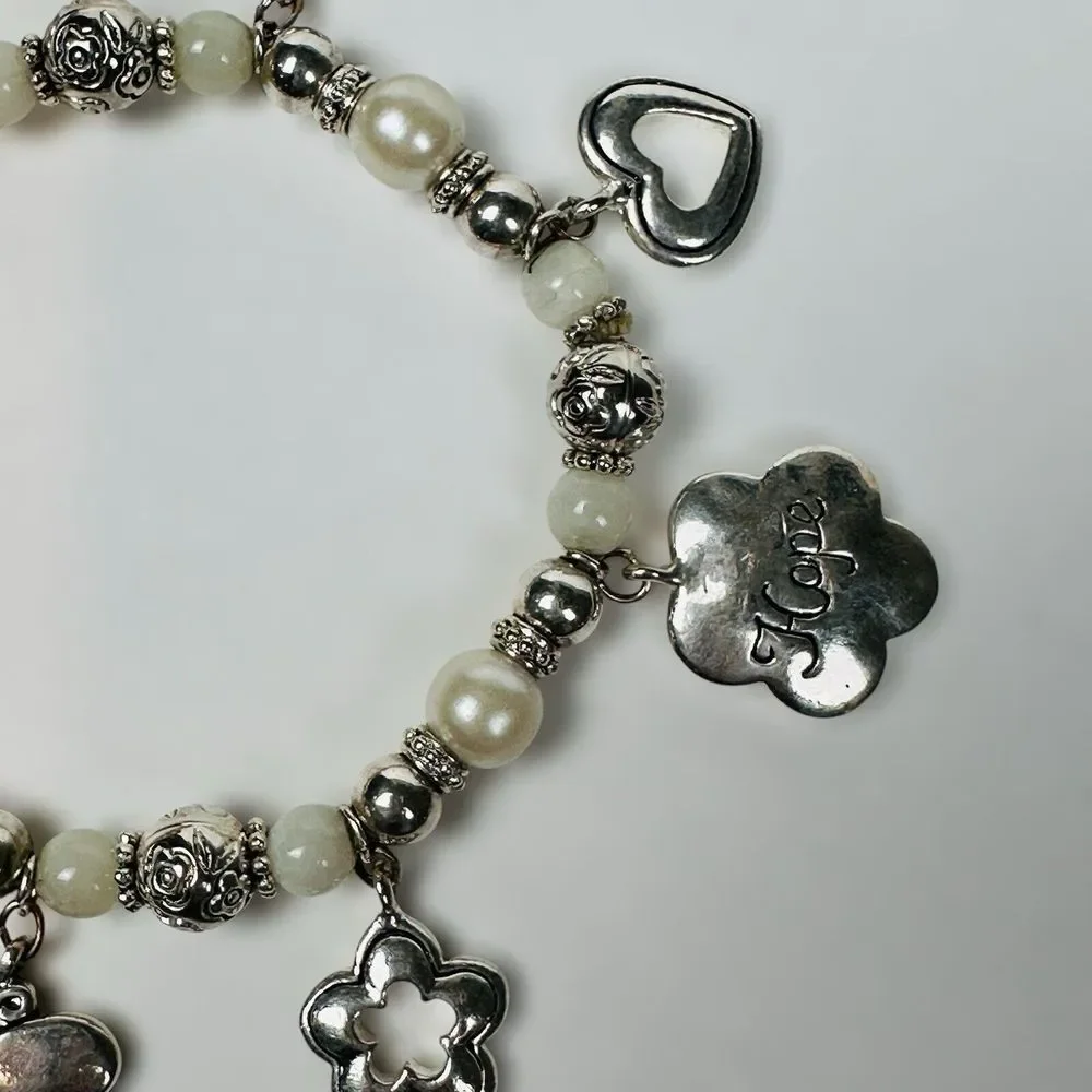 VTG Bracelet Charms Hope Dream Heart‎ Flower 6.5 Glass Faux Pearls Beads Stretch